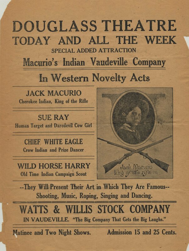 Circular for the Douglass Theatre advertising Macurio's Indian Vaudeville Company, possibly between 1912 and 1939