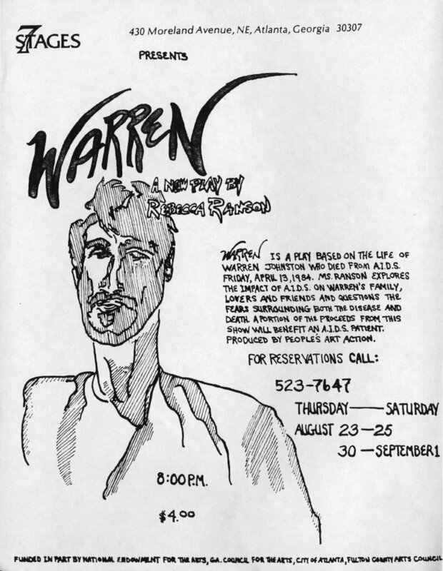 Flier and press releases for Rebecca Ranson's "Warren," 7 Stages Theatre, Atlanta, Georgia, August 23 - September 1, 1984.