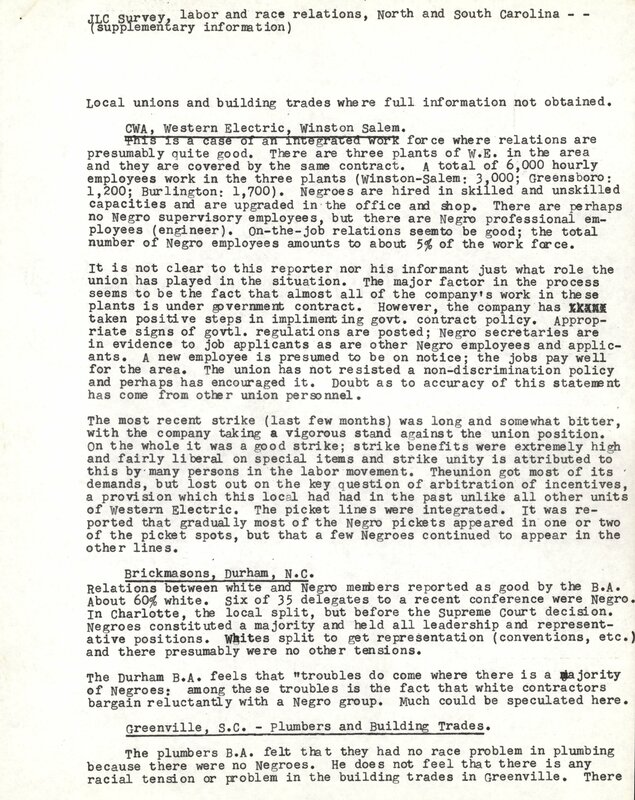 Jewish Labor Committee Survey of Southern States on Labor Union Integration: North and South Carolina [page 65]