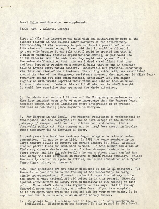 Jewish Labor Committee Survey of Southern States on Labor Union Integration: Georgia (1 of 2) [page 29]