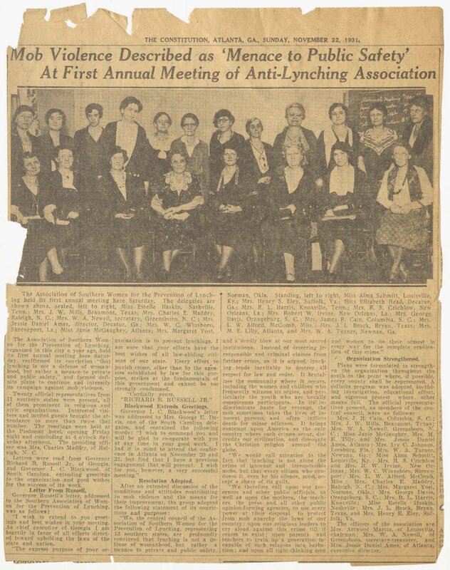 "Mob Violence Described as 'Menace to Public Safety' At First Annual Meeting of Anti-Lynching Association", Sunday, November 22, 1931