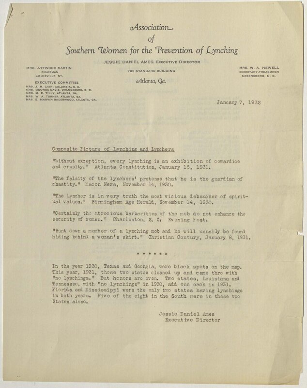 Association of Southern Women for the Prevention of Lynching "Composite Picture of Lynching and Lynchers" Report, January 7, 1931