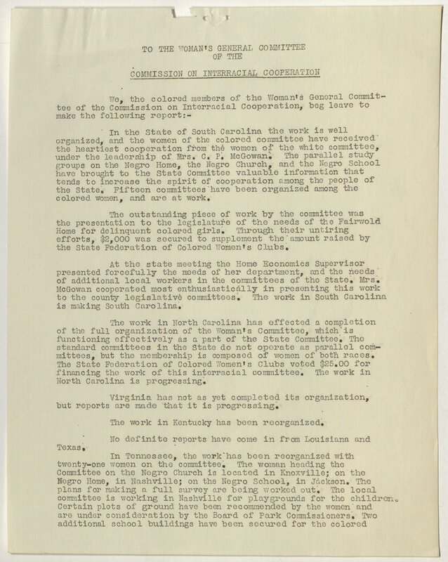 "To the Woman's General Committee of the Commission on Interracial Cooperation", circa 1920