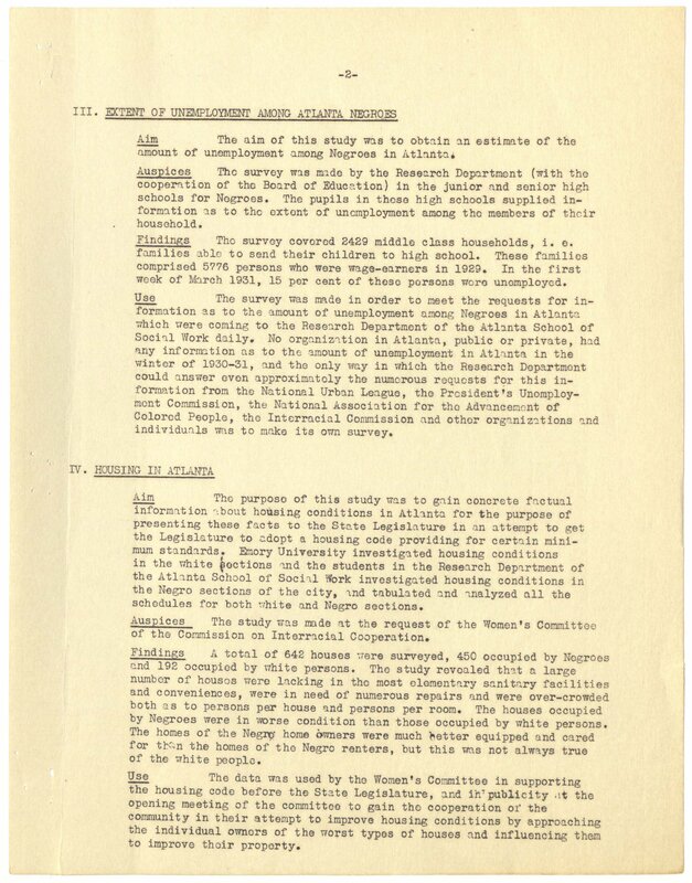 Summary of Research Projects of the Research Department of the Atlanta School of Social Work, 1931-1933