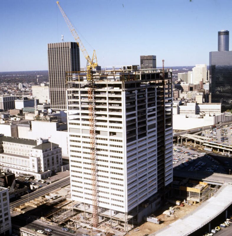 Aerial view of the Richard B. Russell Federal Building and Courthouse under construction, Atlanta, Georgia, November 12, 1977